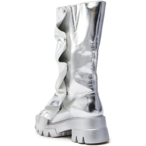 Women's Synthetic Silver Shin Metallic Chunky Sole Unique Wrinkled Long Boots - Picture 4 of 6